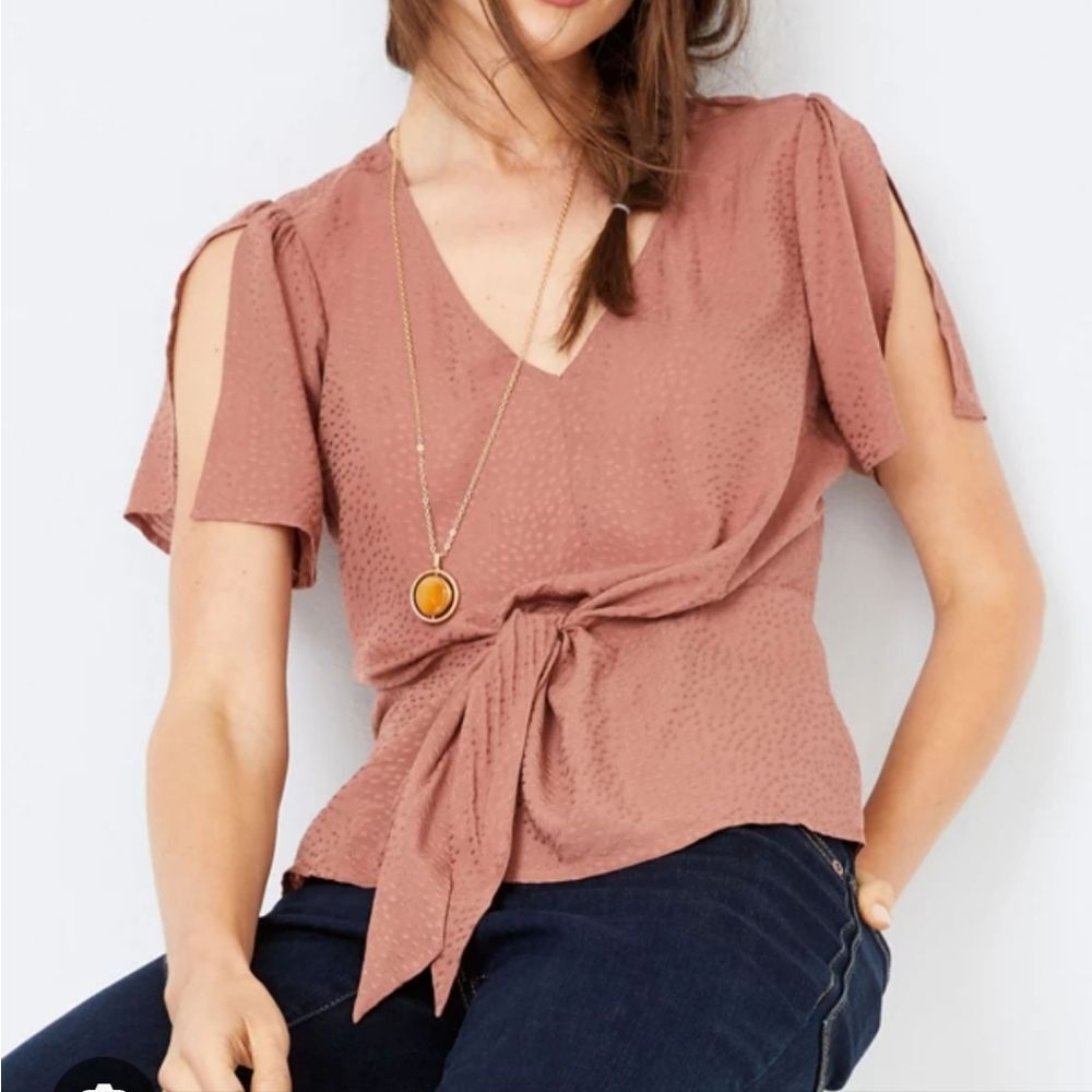 Maurices Mauve Dusty Rose Front Tie Short Sleeve V Neck Blouse Top Size Large